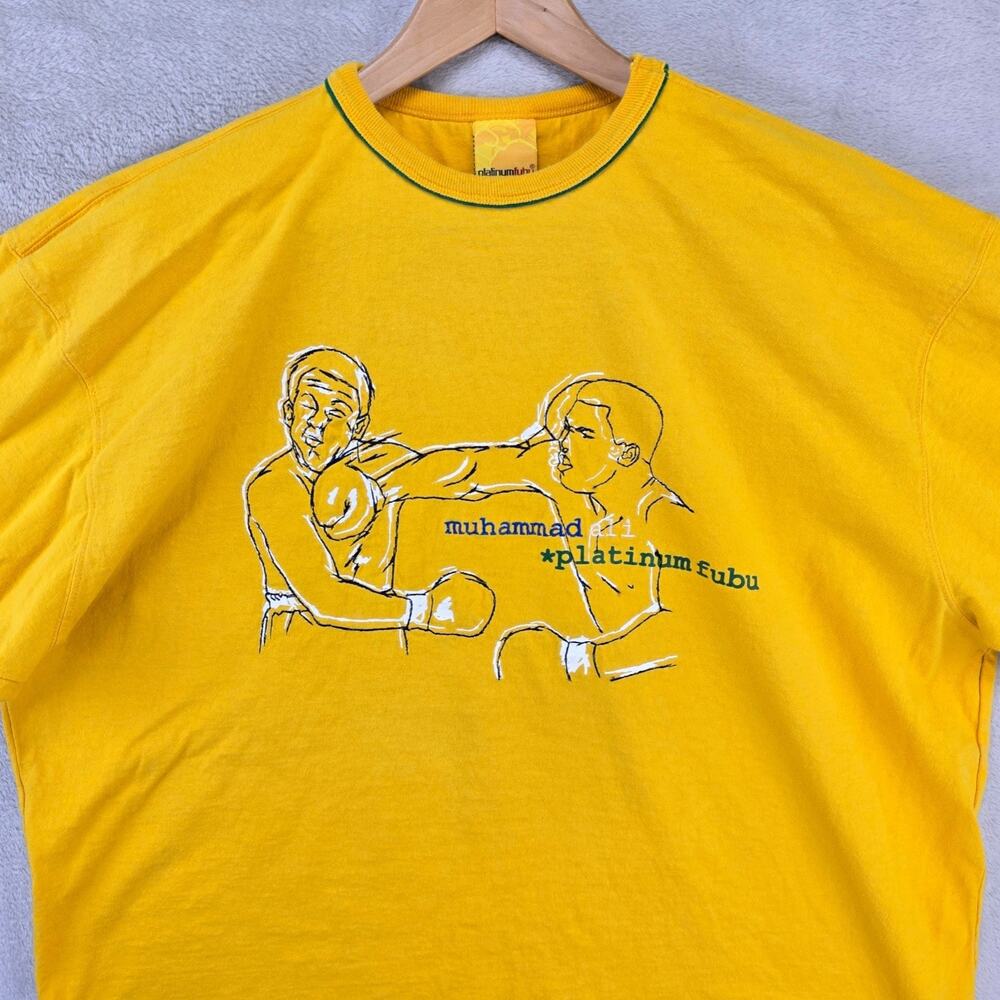 Vintage Fubu Platinum x Muhammad Ali Embroidered Shirt Mens XXL Yellow Y2K